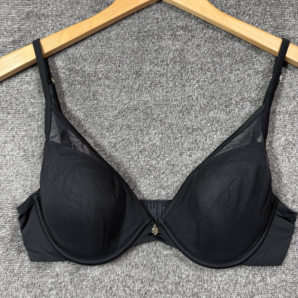 ThirdLove 24/7 Classic Uplift Plunge Bra Black Mesh Microfiber 34C Gold Hardware